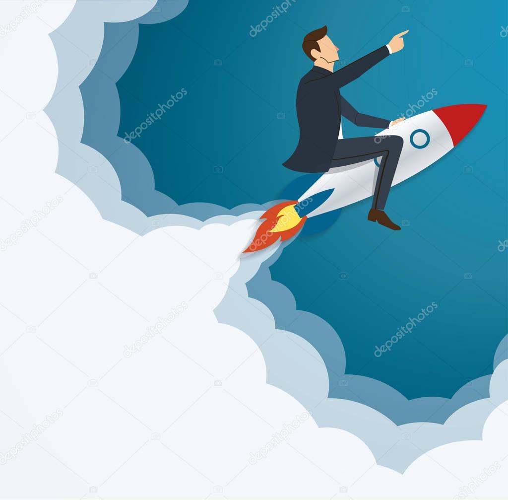 Businessman Flying with a Rocket to Successful background vector. Business concept illustration.