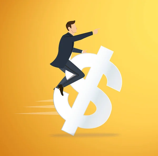 Un homme chevauchant un vecteur d'icône dollar. illustration de concept d'entreprise. chemin vers le succès . — Image vectorielle