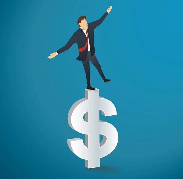 Homme d'affaires ou homme d'affaires marchant en équilibre sur le vecteur icône Dollar — Image vectorielle