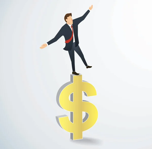 Hombre de negocios u hombre caminando en equilibrio en Dólar icono vector — Vector de stock