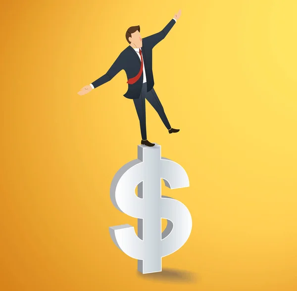 Hombre de negocios u hombre caminando en equilibrio en Dólar icono vector — Vector de stock