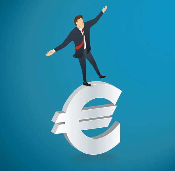 Zakenman of man lopen in evenwicht op Euro pictogram vector — Stockvector