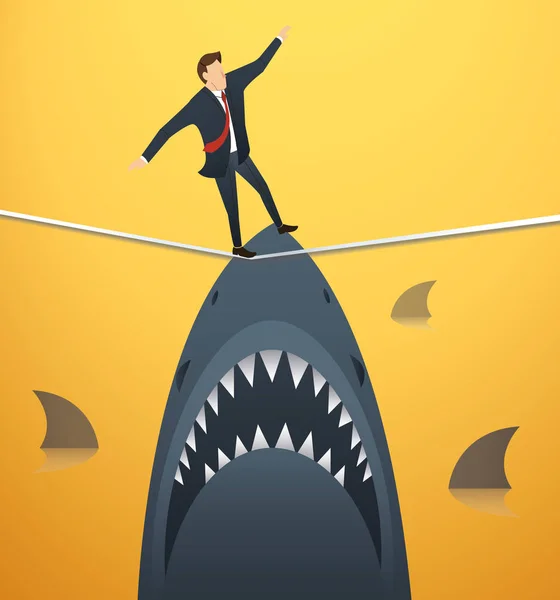 Illustration of a businessman walking on rope with sharks underneath business risk chance — Stock Vector