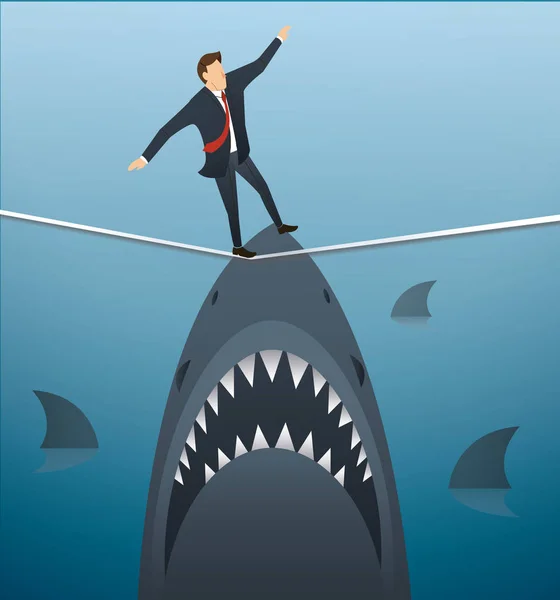 Illustration of a businessman walking on rope with sharks underneath business risk chance — Stock Vector