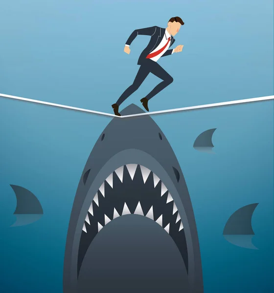 Illustration of a running businessman on rope with sharks underneath business risk chance — Stock Vector