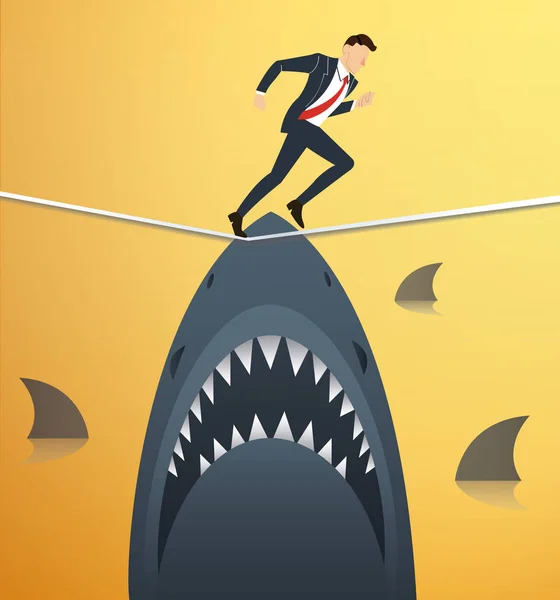 Illustration of a running businessman on rope with sharks underneath business risk chance — Stock Vector