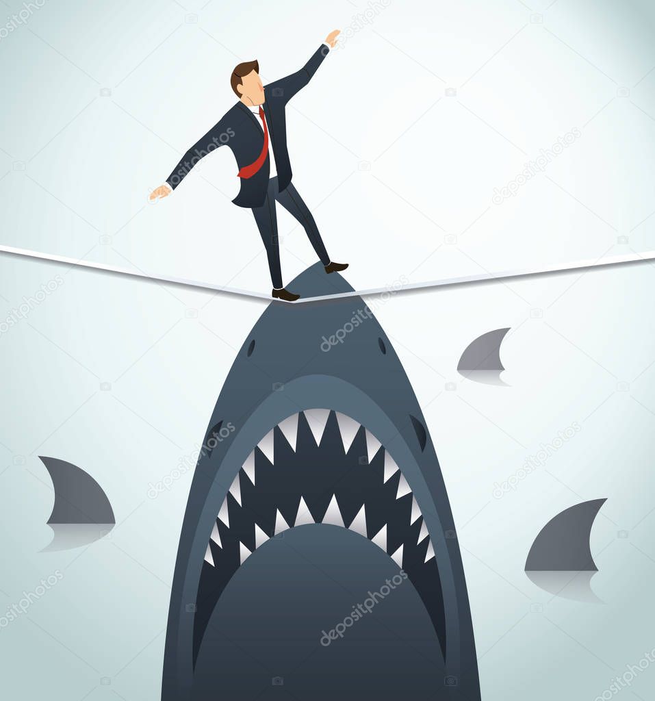 illustration of a businessman walking on rope with sharks underneath business risk chance