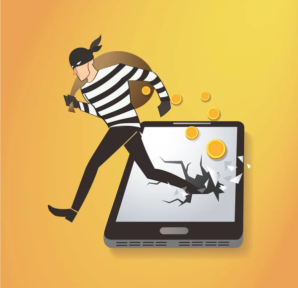 Ladrón Hacker robar dinero en el teléfono inteligente — Vector de stock