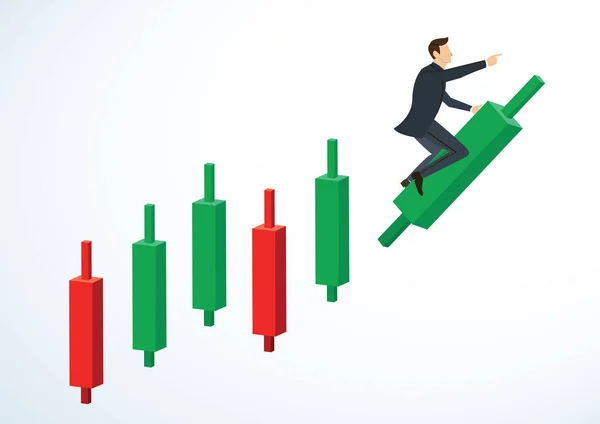 Uomo d'affari cavalcando su Candlestick grafico vettore di sfondo — Vettoriale Stock