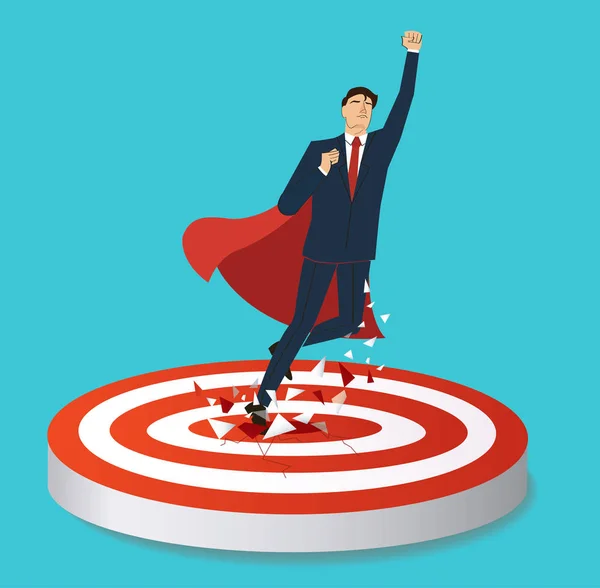 Businessman and red cape Breaking target archery to Successful vector. Business concept illustration. — Stock Vector