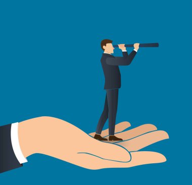 büyük alkış, iş kavramı üzerinde bir teleskop duran bir işadamı bakar