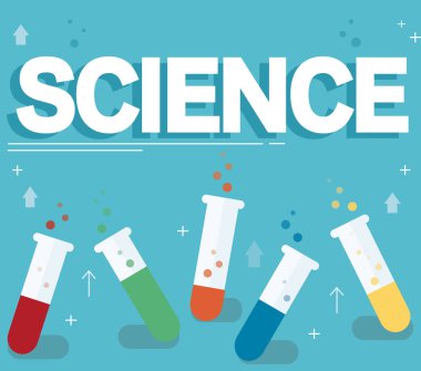 Bilim metin ve renkli laboratuvar berrak sıvı ve mavi arka plan ile dolu  