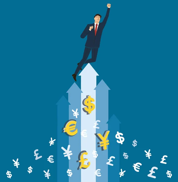 Een zakenman vieren op de pijl en geld iconen vector, business concept illustratie — Stockvector