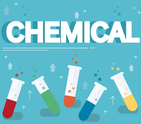 Texto químico y colorido laboratorio lleno de un líquido claro y fondo azul — Vector de stock