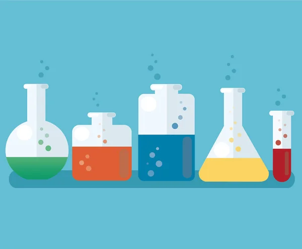 Colorido laboratorio lleno de un líquido claro y fondo azul — Vector de stock