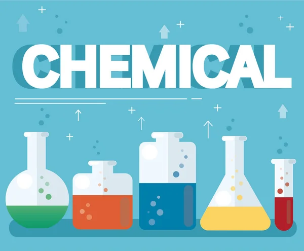 Texto químico y colorido laboratorio lleno de un líquido claro y fondo azul — Vector de stock