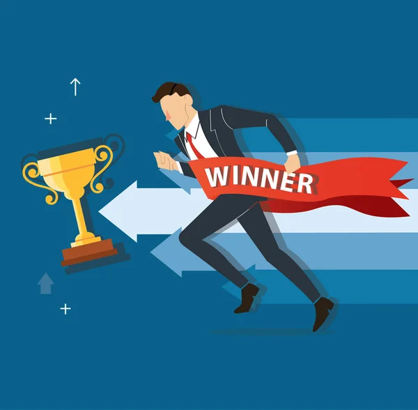 Zakenman loopt tot succes met een winnaar banner, business concept vectorillustratie — Stockvector