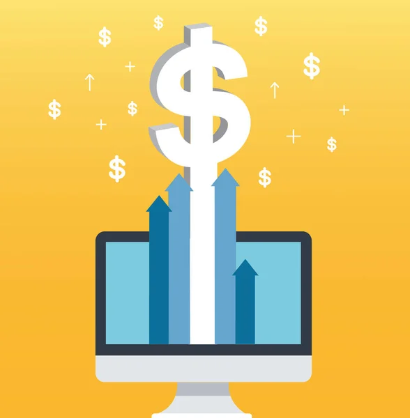 Dólar pop-up no computador de tela e fundo amarelo, ilustração conceito de negócio bem sucedido —  Vetores de Stock