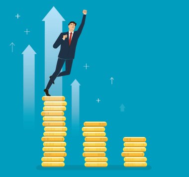bir işadamı para grafik, iş kavramı vektör çizim üzerinde kutluyor