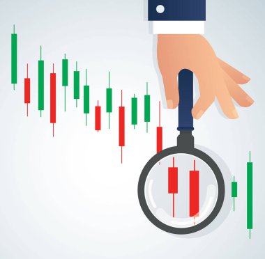 Büyüteç ve şamdan grafiği borsa arka plan vektör çizim tutmak el 
