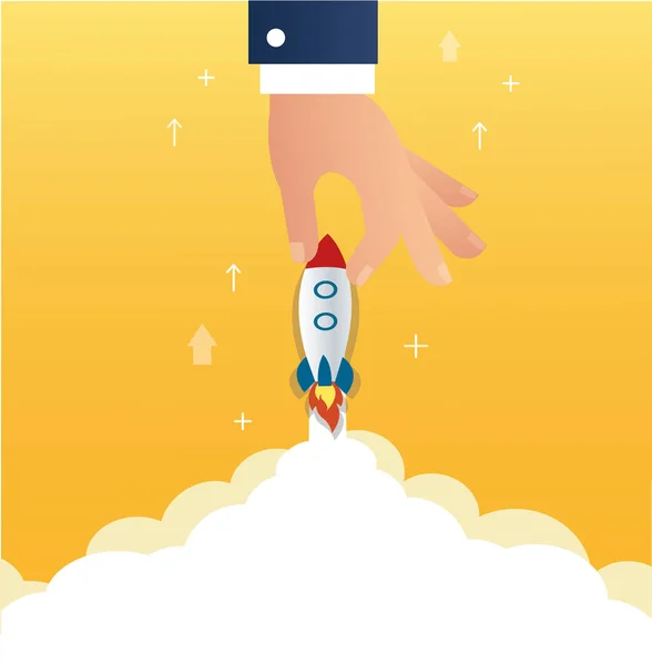 Big hand holding a rocket startup business concept — Stock Vector