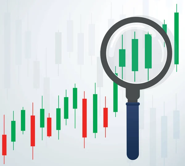 La lupa y el gráfico de velas ilustración de fondo del mercado de valores vector — Vector de stock