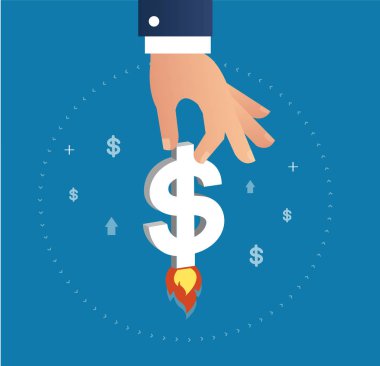 Uluslararası finansal piyasalar sembolü, iş kavramı üzerinde bir roket artış değeri olarak dolar simgesi yükselen tutan el 