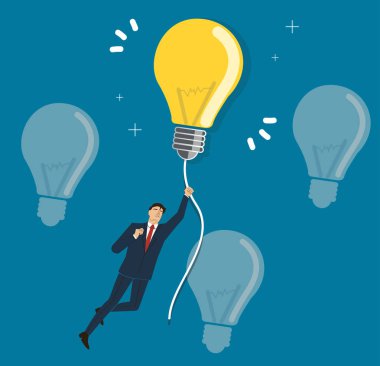 yaratıcı kavramlar gökyüzünde uçan bir ampul tutan işadamı
