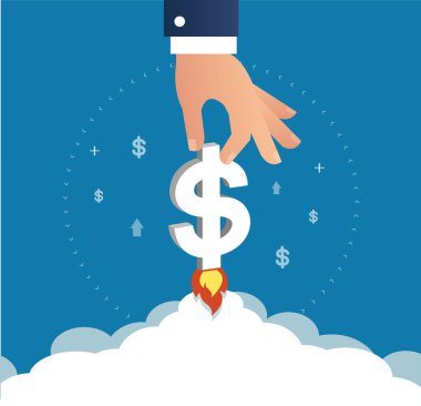 Uluslararası finansal piyasalar sembolü, iş kavramı üzerinde bir roket artış değeri olarak dolar simgesi yükselen tutan el 