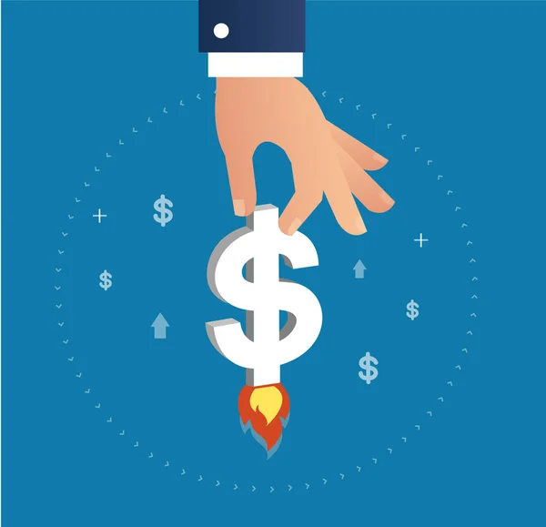 手拿着美元图标上升作为火箭增加值对国际金融市场的象征，经营理念 — 图库矢量图片