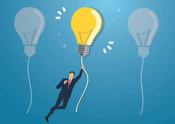 Homme d'affaires tenant une ampoule volant dans le ciel, concepts créatifs — Image vectorielle