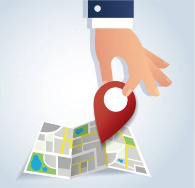 PIN simge haritada kırmızı simge vektör çizimler konumu tutan el