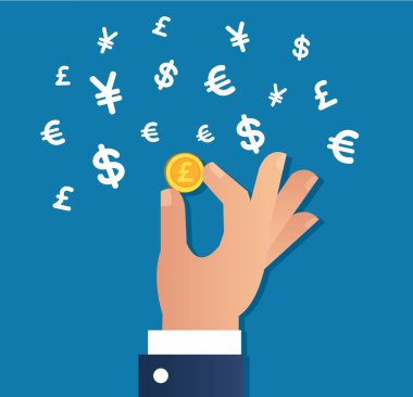 altın sikke ve para işareti simge vektör, iş kavramı tutan el 