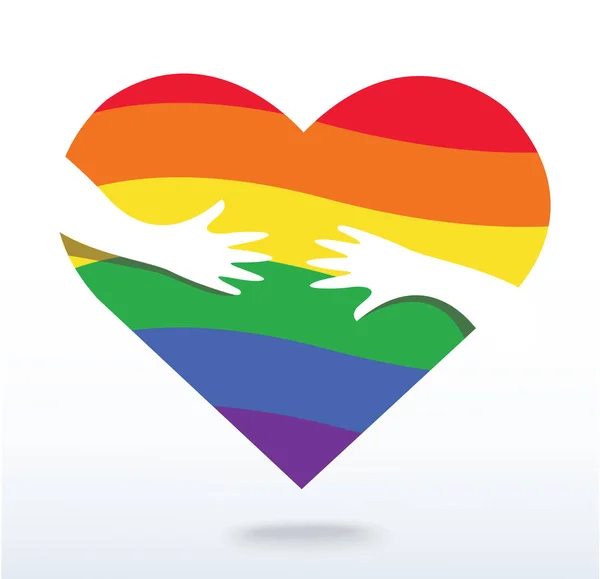 Mani abbracciando la bandiera arcobaleno vettore del cuore, concetto di amore e cura — Vettoriale Stock