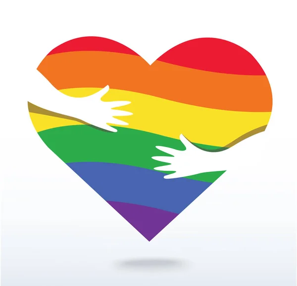 Händerna kramar Regnbågsflaggan hjärta vektor, begreppet kärlek och omsorg — Stock vektor