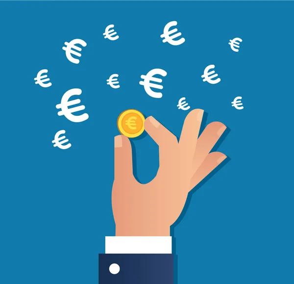 Hand holding gouden munten en Euro teken pictogram vector, bedrijfsconcept — Stockvector