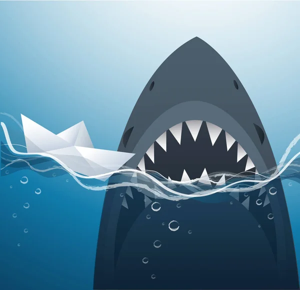Papír csónak és shark-a kék tenger háttér vektor illusztráció — Stock Vector