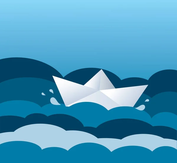 Papír csónak a hullámok, papír csónak vitorlás kék víz felszínén — Stock Vector