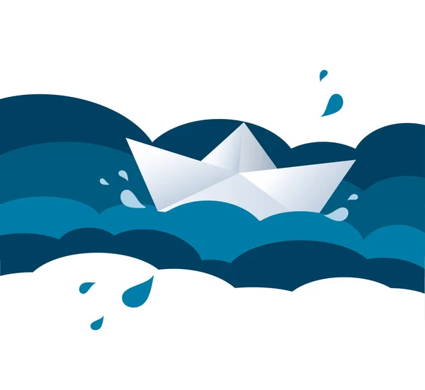 Papír csónak a hullámok, papír csónak vitorlás kék víz felszínén — Stock Vector