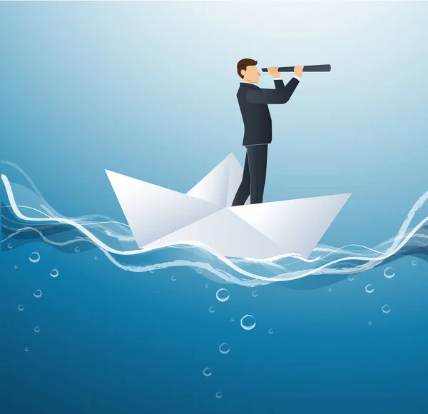 Um empresário olha através de um telescópio em pé sobre vetor de barco de papel, ilustração conceito de negócio — Vetor de Stock