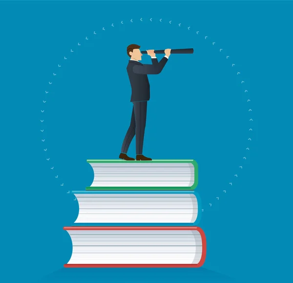 Businessman using a telescope on books icon design vector illustration, education concepts — Stock Vector