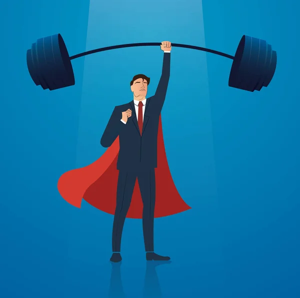 Successful businessman with red cape weight lifting vector illustration — Stock Vector