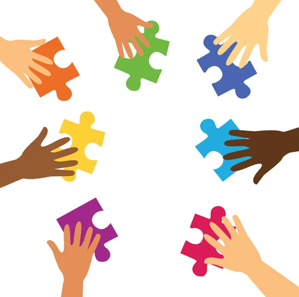 Viele Hände mit bunten Puzzleteilen — Stockvektor