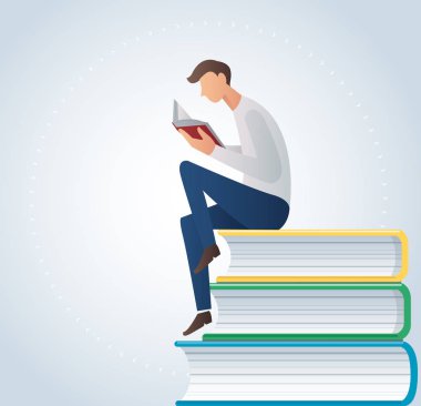 adam çok üzerinde oturup kitap okuma vektör çizim kitapları