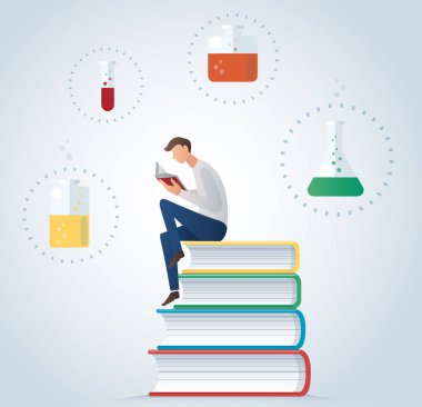 cam kimyasal vektör çizim için oturup kitap okurken erkek