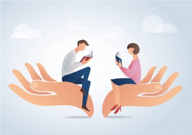 adam ve kadın büyük eller, eğitim kavramı vektör çizim kitap okuma