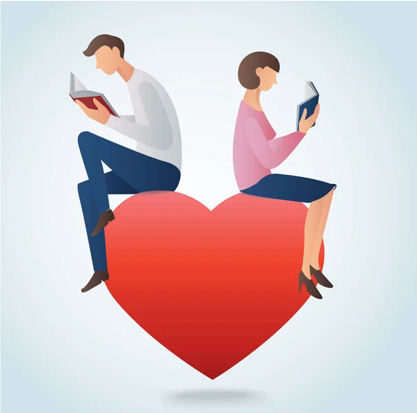 Hombre y mujer leyendo libros y sentado en el gran corazón rojo, amor concepto de lectura — Archivo Imágenes Vectoriales