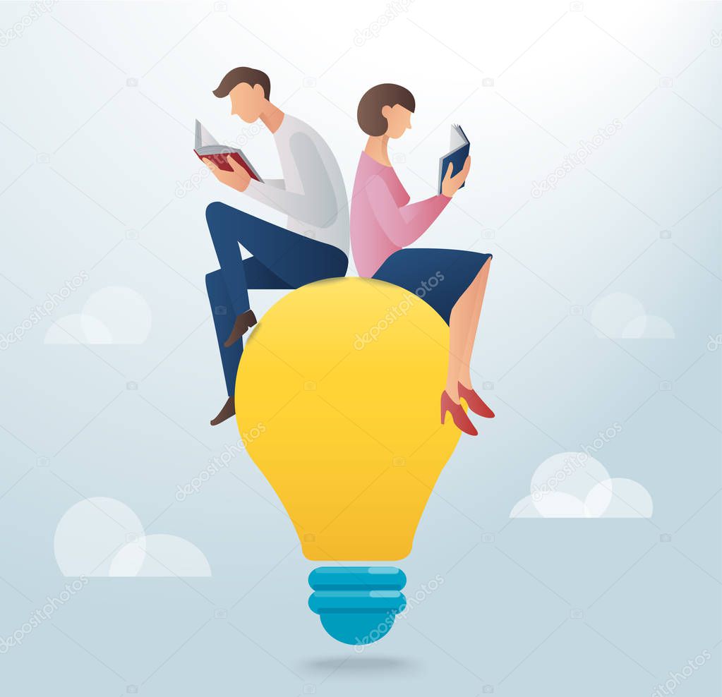 man and woman reading book and sitting on a light bulb, creative concept vector illustration 