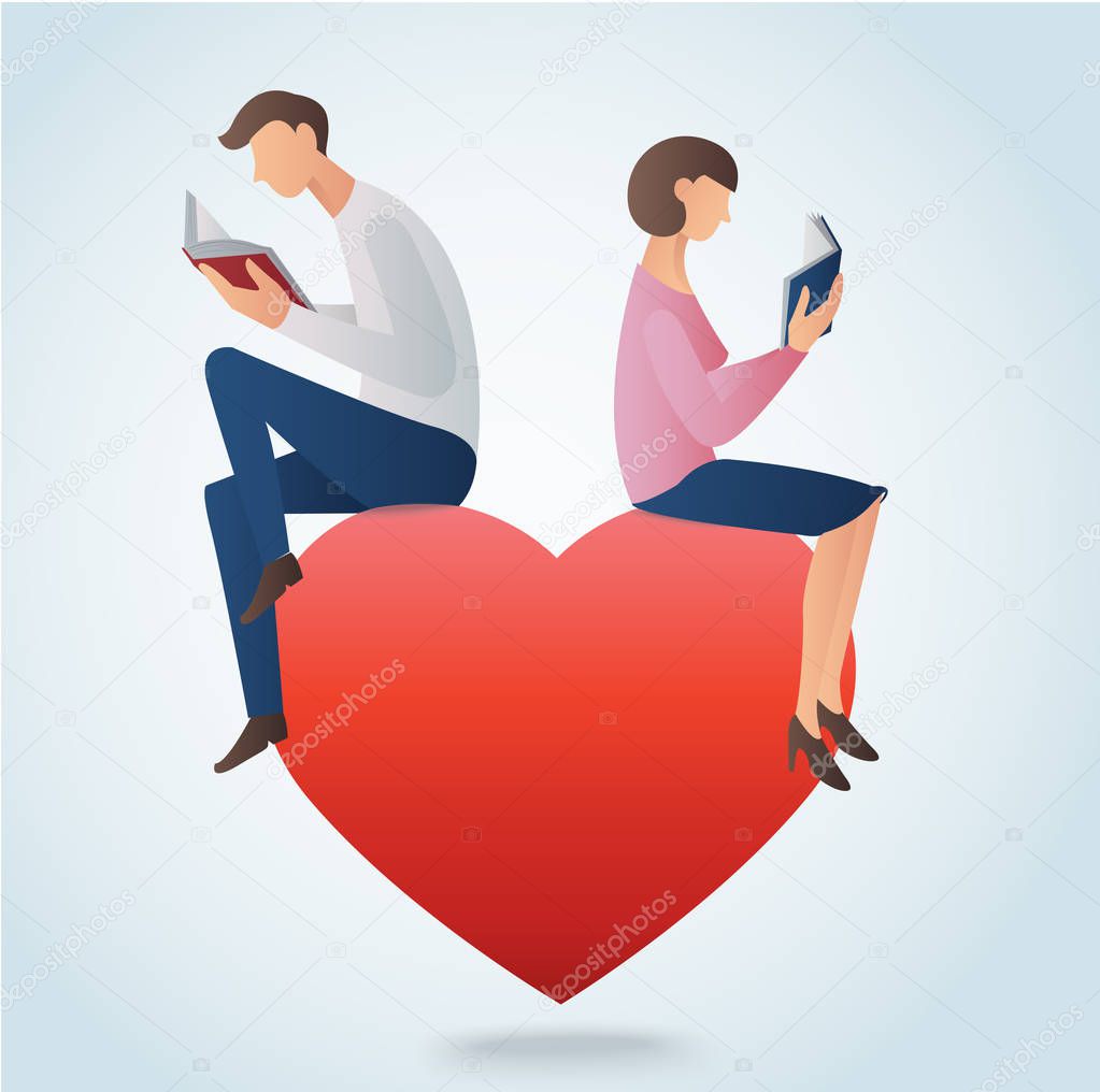 man and woman reading books and sitting on big red heart, love reading concept 