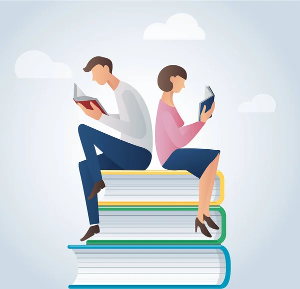 Άνδρας και γυναίκα διαβάζοντας βιβλία κάθεται σε πολλά βιβλία διανυσματικά εικονογράφηση — Διανυσματικό Αρχείο